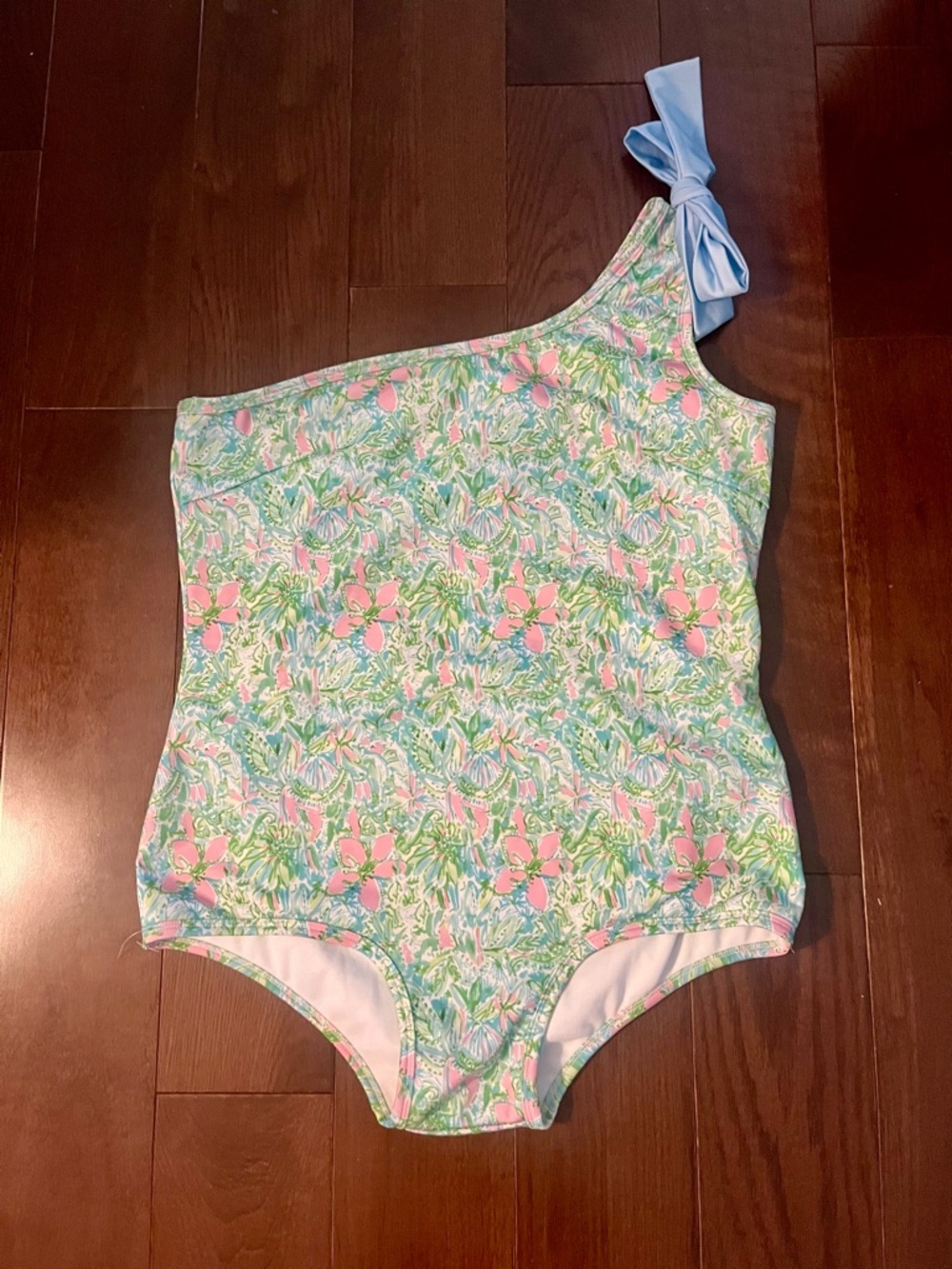 Floral One-Shoulder Women’s Swimsuit with Blue Bow